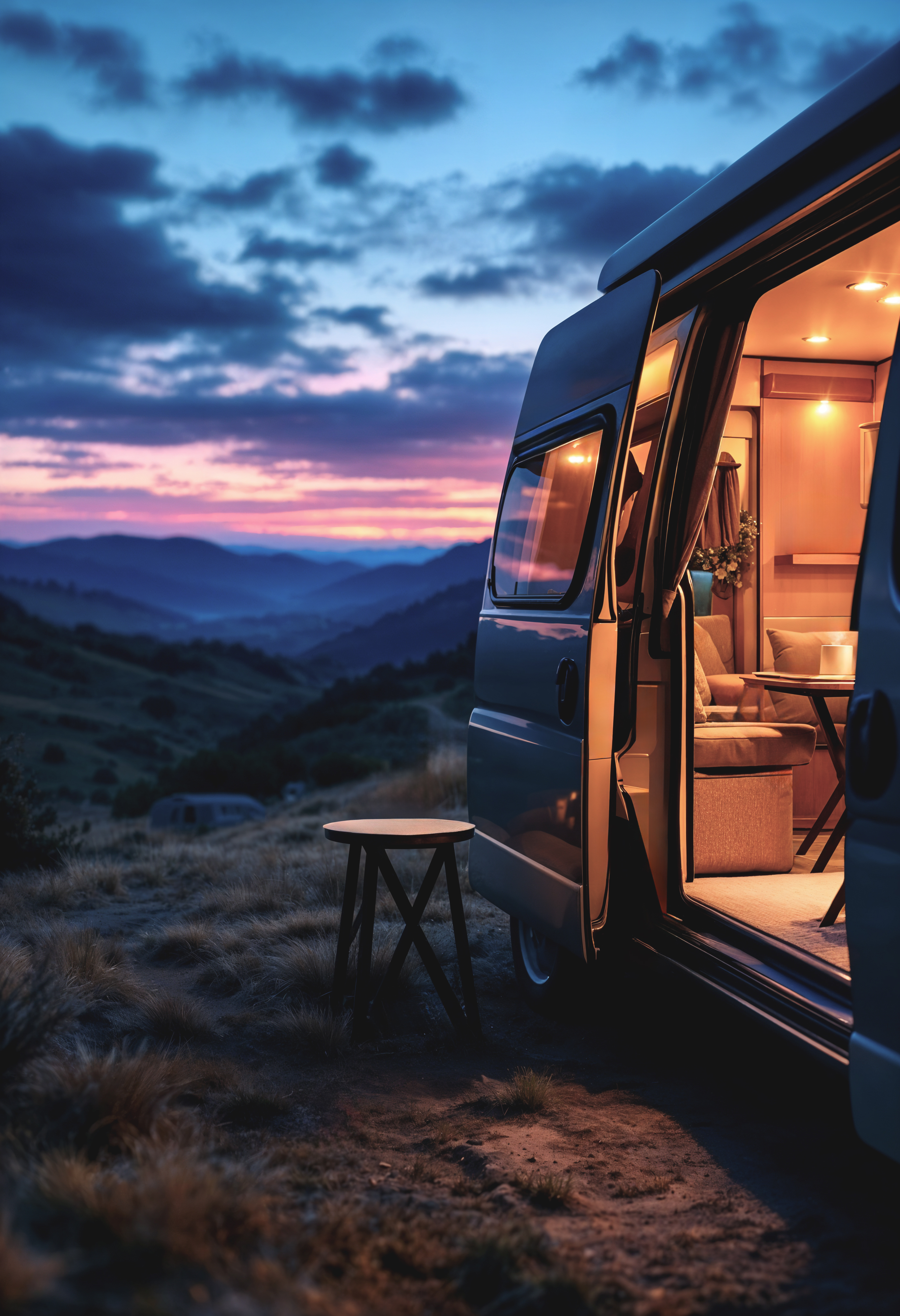 Van aménagé en montagne avec vue panoramique