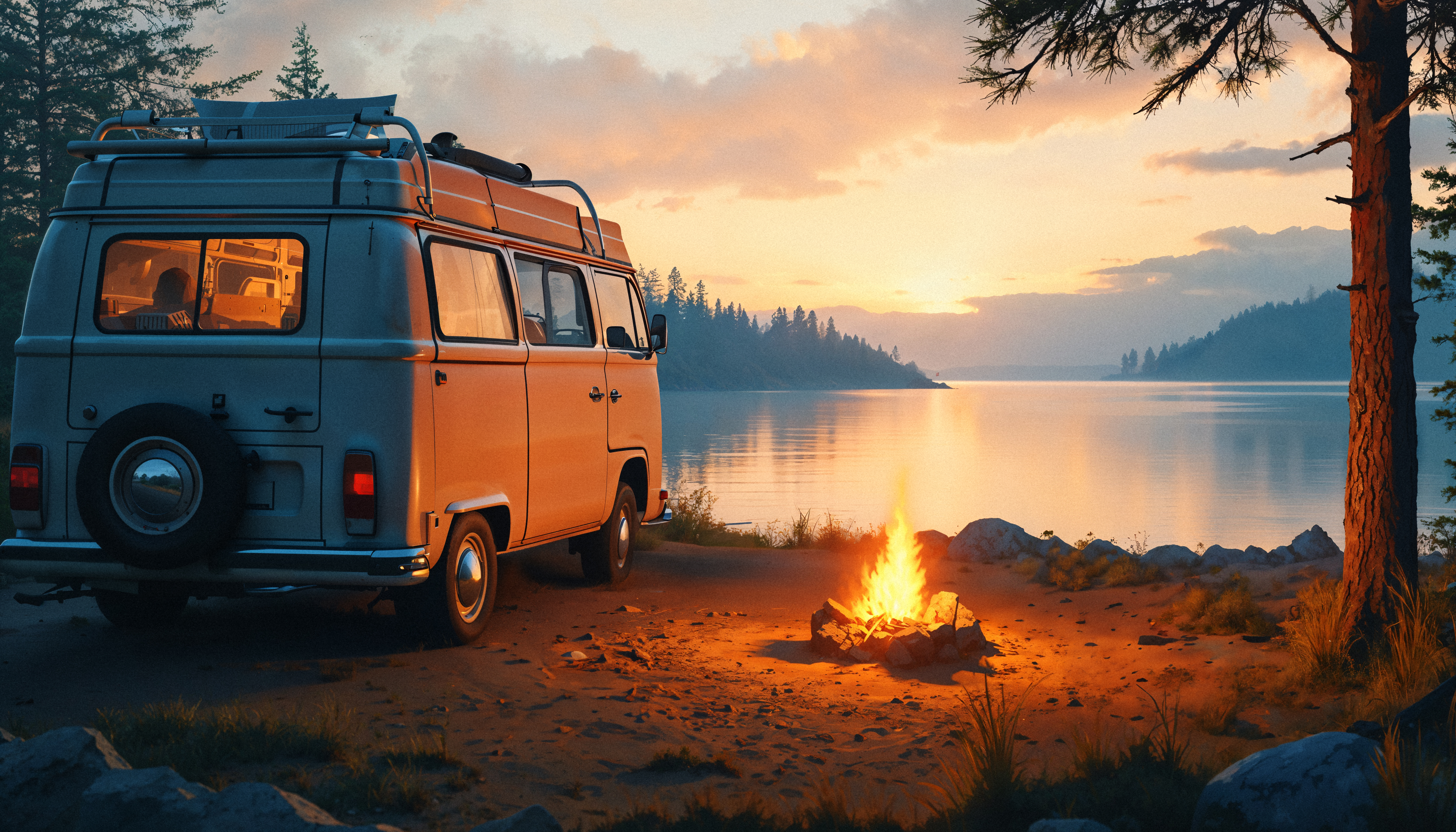 Van aménagé face à la plage au coucher du soleil
